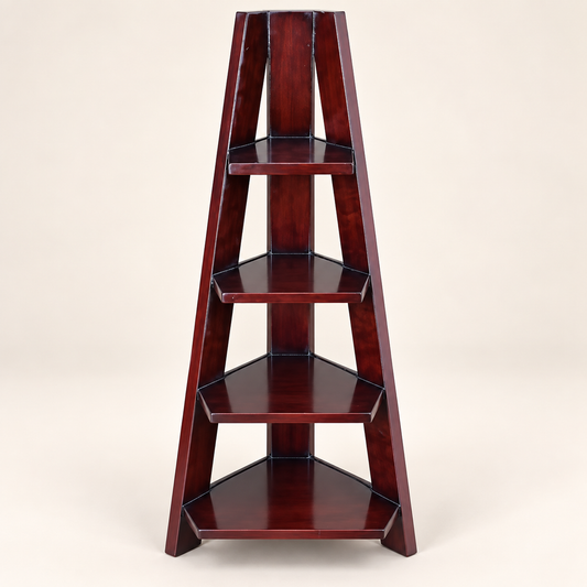 Tall Four-Tier Wooden Corner Display Shelf front studio view