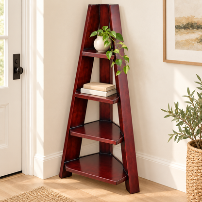 Tall Four-Tier Wooden Corner Display Shelf styled in a home interior