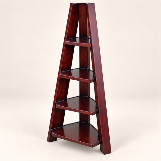 Tall Four-Tier Wooden Corner Display Shelf side studio view
