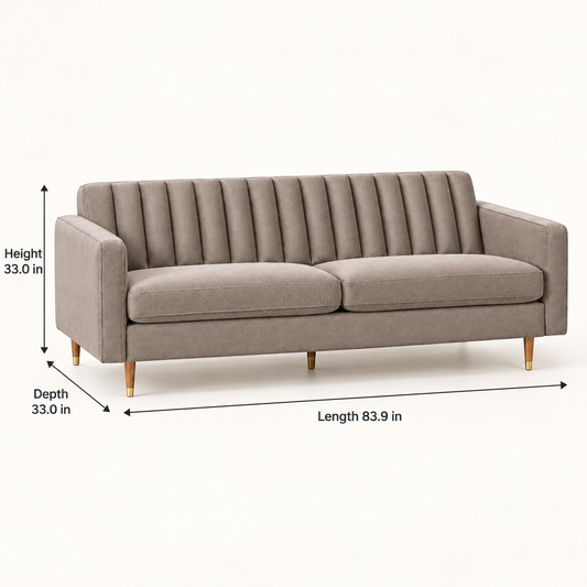 Taupe Grey Channel Tufted Sofa – dimension view, Latest Furniture