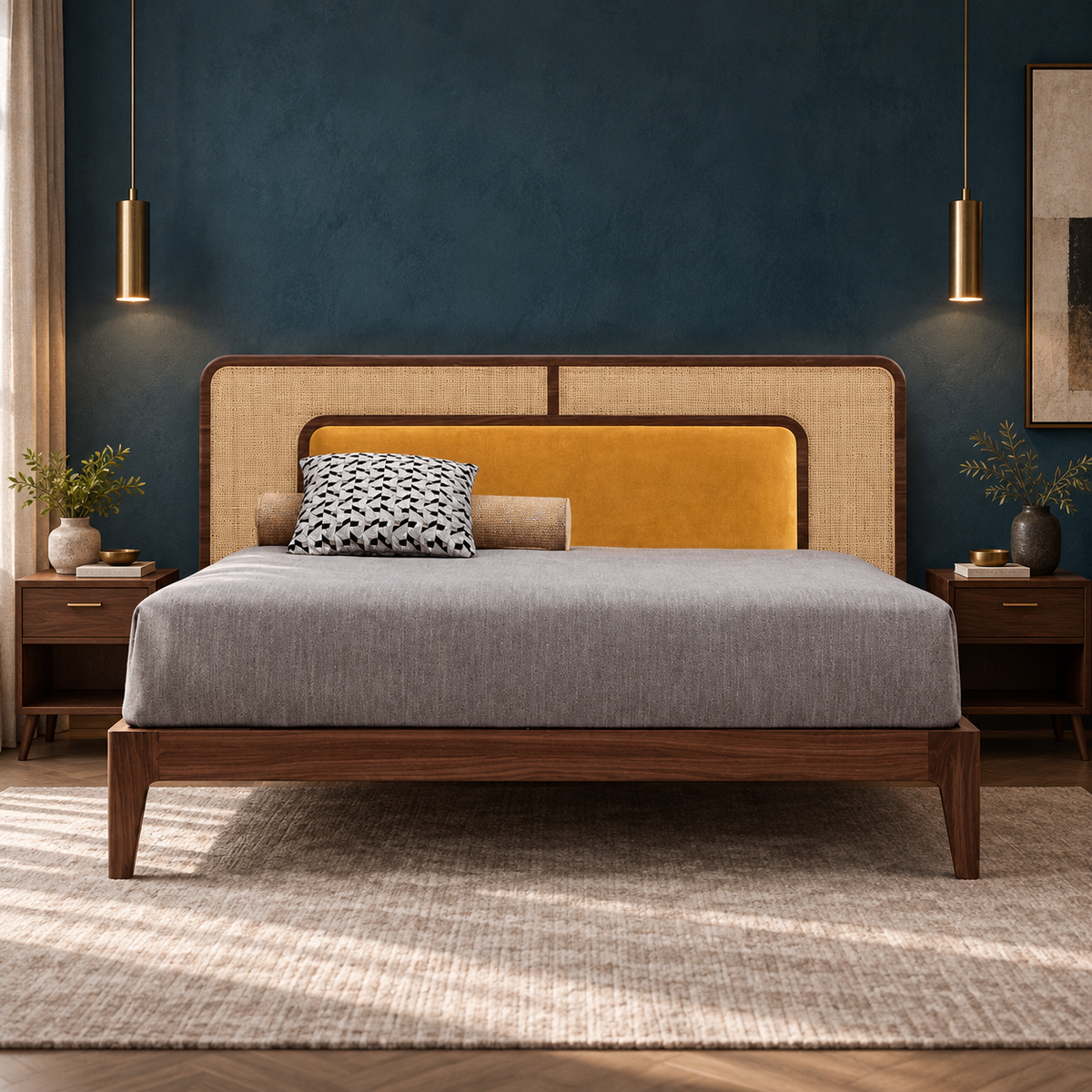 Front view of teak wood cane bed in a modern bedroom