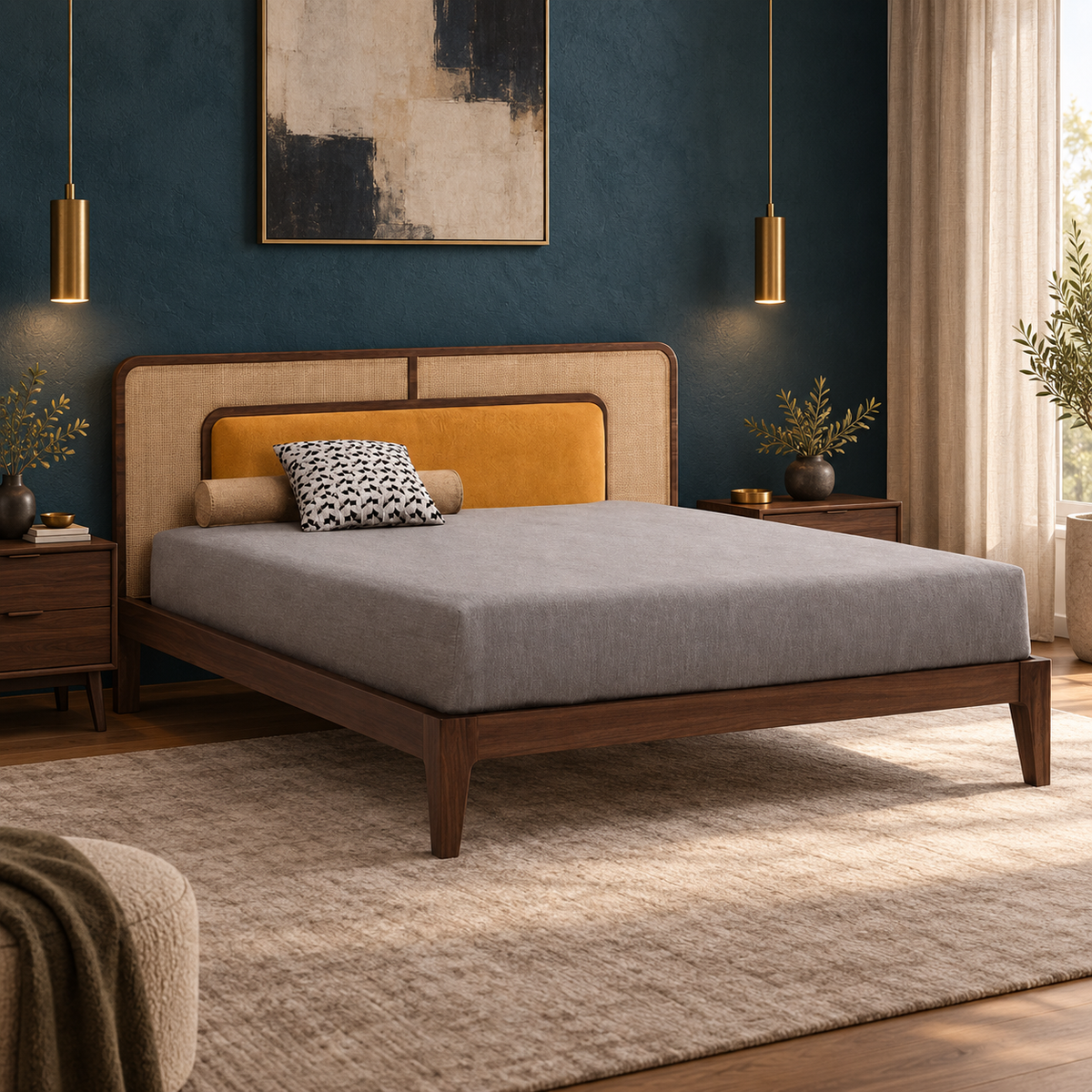 Solid teak wood cane bed with mustard upholstered headboard