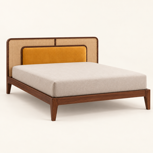 Side-angle view of solid teak wood cane bed frame
