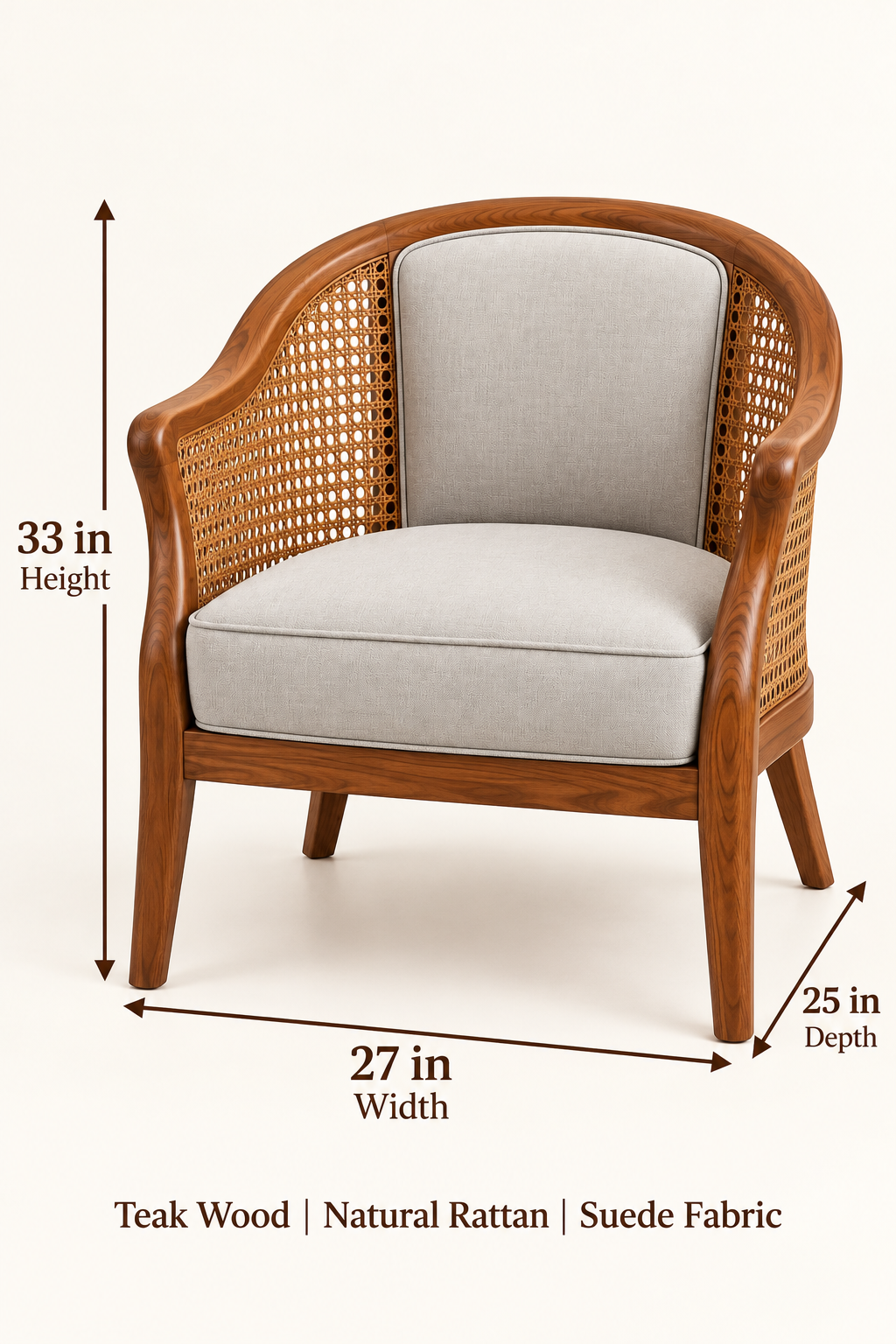 Teak wood cane lounge chair dimensions 27 W by 25 D by 33 H inches