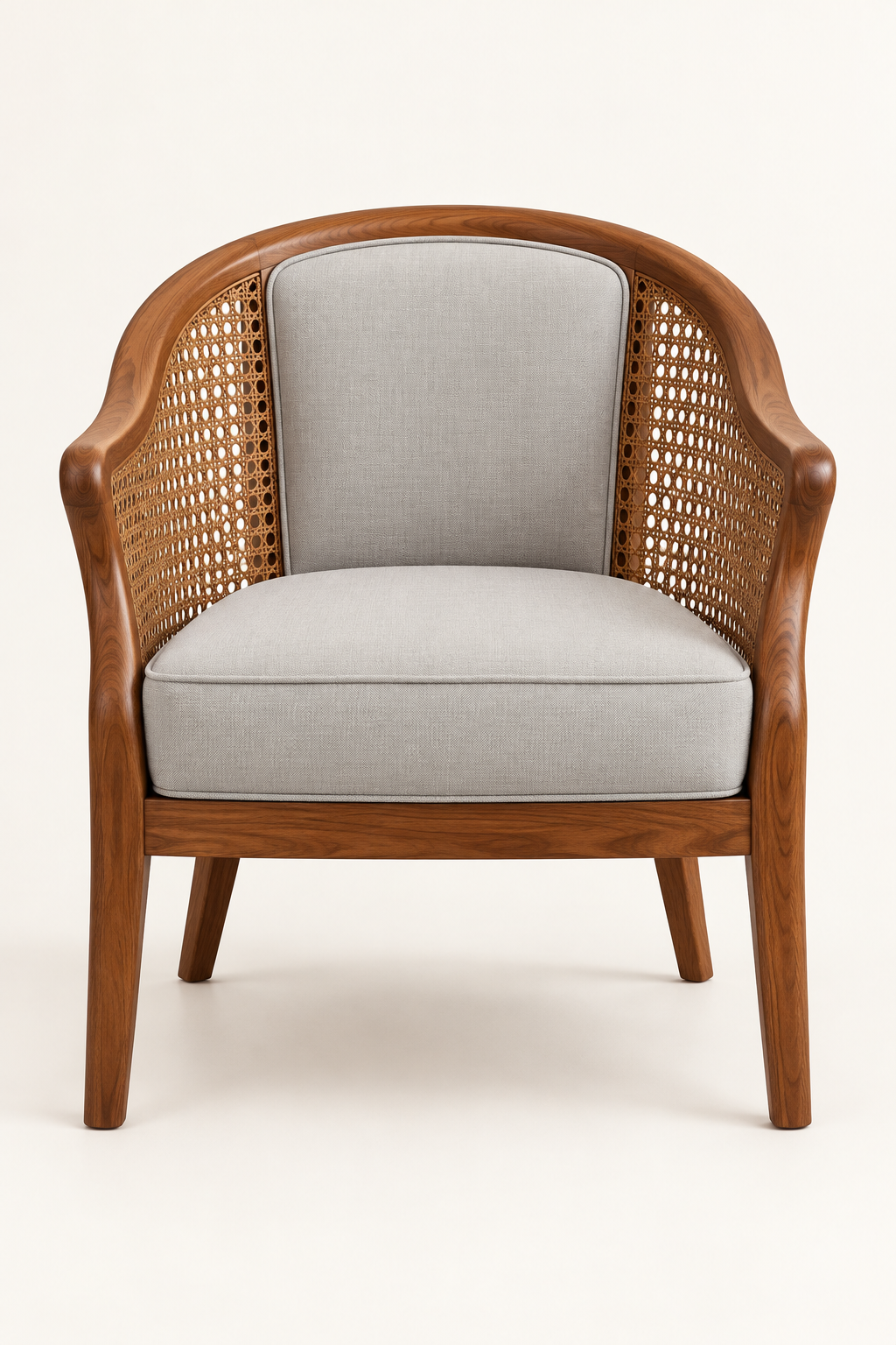 Front view of teak wood cane lounge chair with suede upholstery