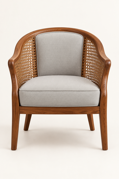 Front view of teak wood cane lounge chair with suede upholstery
