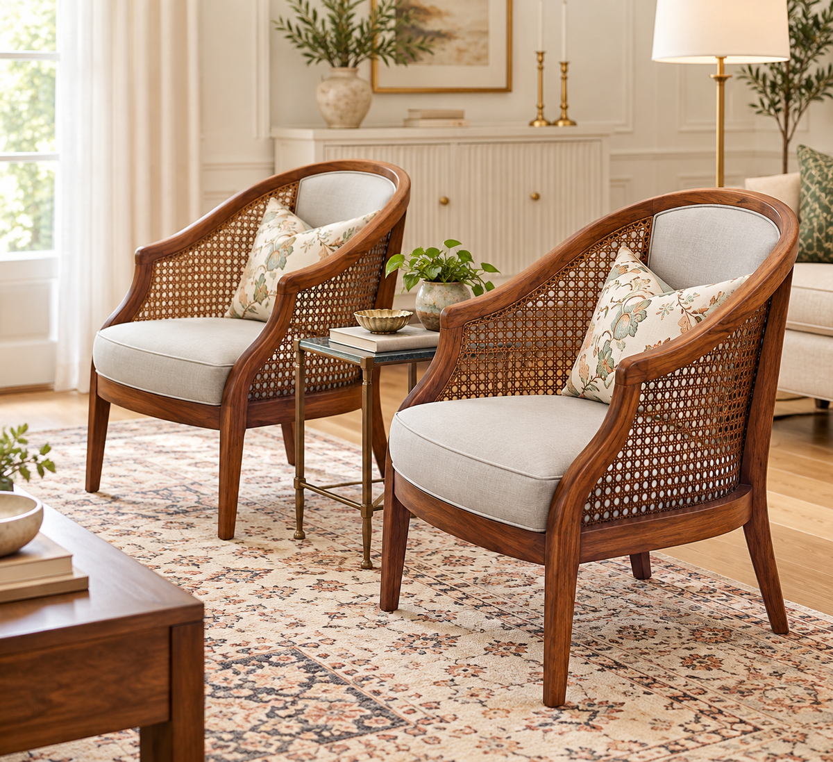 Teak wood cane lounge chair with suede seat in a living room