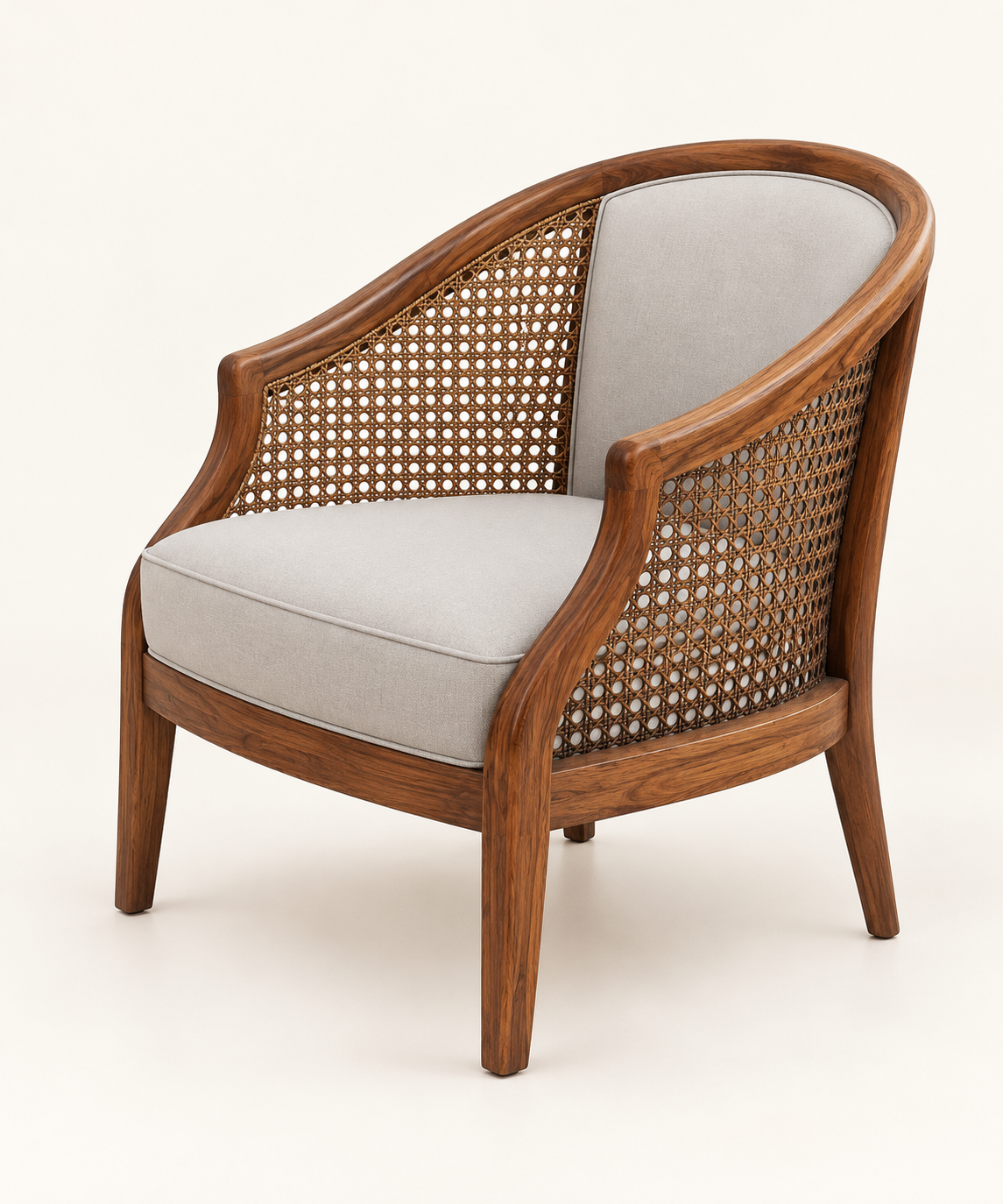 Side view of teak wood rattan lounge chair