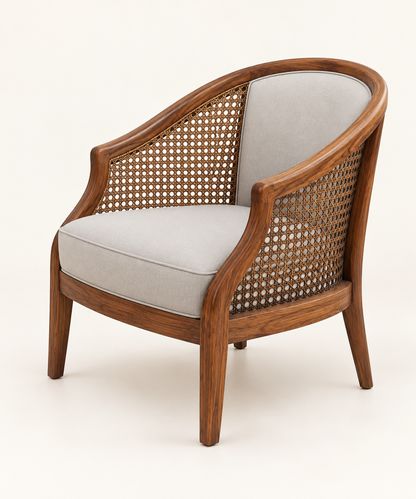 Side view of teak wood rattan lounge chair