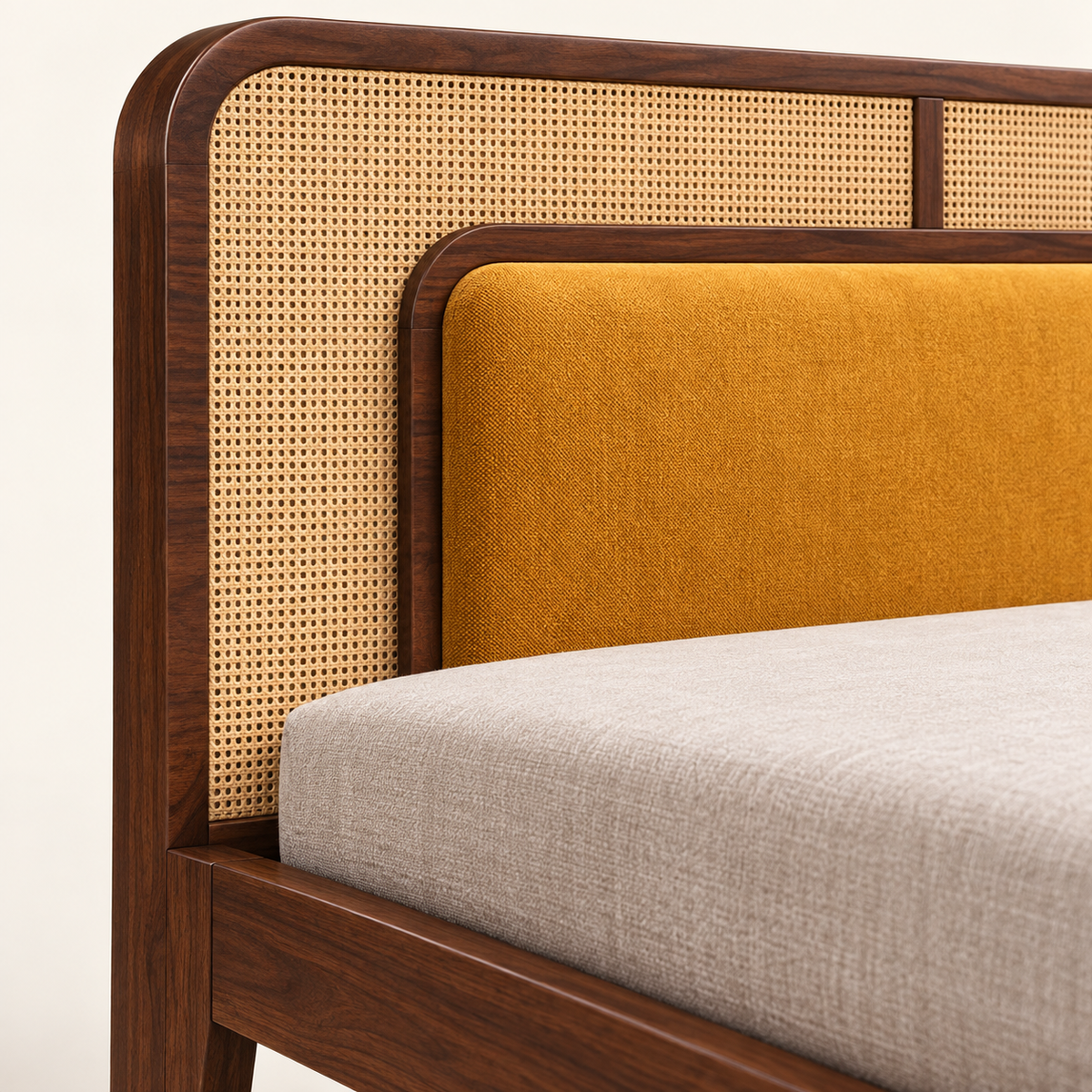 Natural cane and mustard upholstered teak wood bed headboard