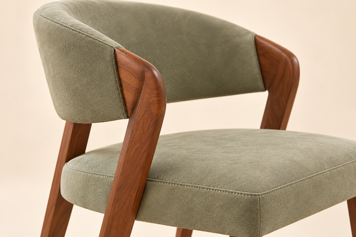 Side and back view of teak wood upholstered dining chair