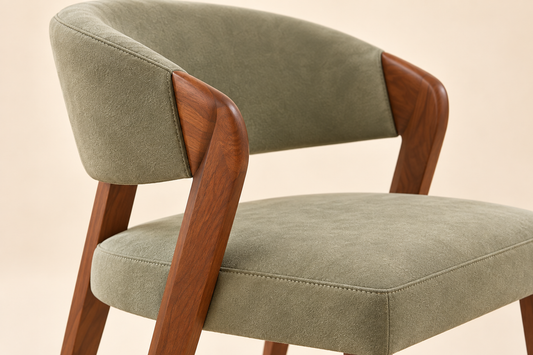 Side and back view of teak wood upholstered dining chair
