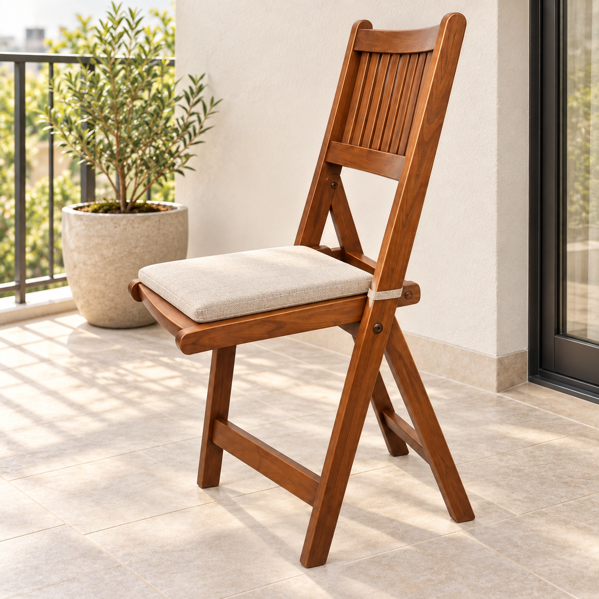 Teak Wood Folding Chair with Slatted Seat and Back styled in a home interior