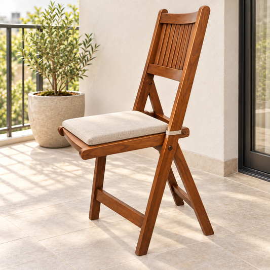 Teak Wood Folding Chair with Slatted Seat and Back styled in a home interior
