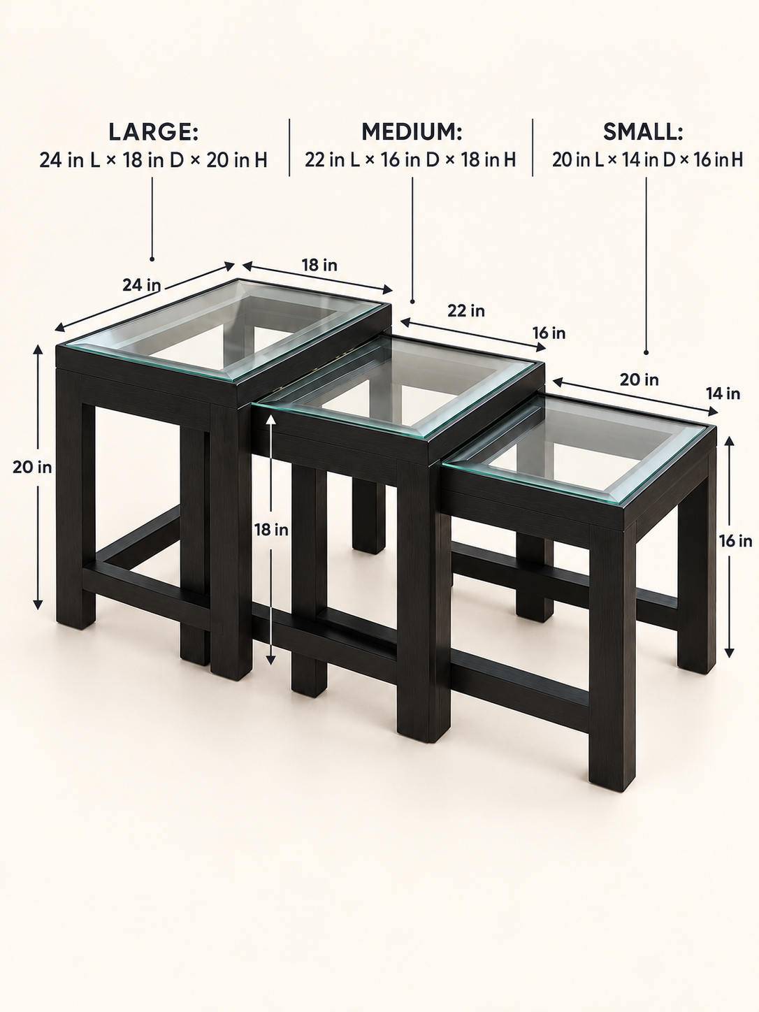 Teak Wood Nesting Tables, Set of Three — dimension diagram; Large: 24 in L × 18 in D × 20 in H; medium: 22 × 16 × 18 in; small: 20 × 14 × 16 in