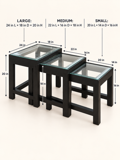 Teak Wood Nesting Tables, Set of Three — dimension diagram; Large: 24 in L × 18 in D × 20 in H; medium: 22 × 16 × 18 in; small: 20 × 14 × 16 in
