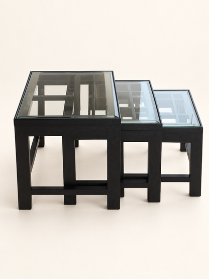 Teak Wood Nesting Tables, Set of Three — front studio view