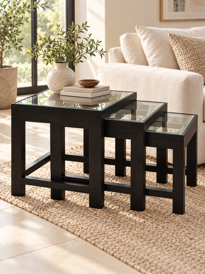 Teak Wood Nesting Tables, Set of Three — styled room