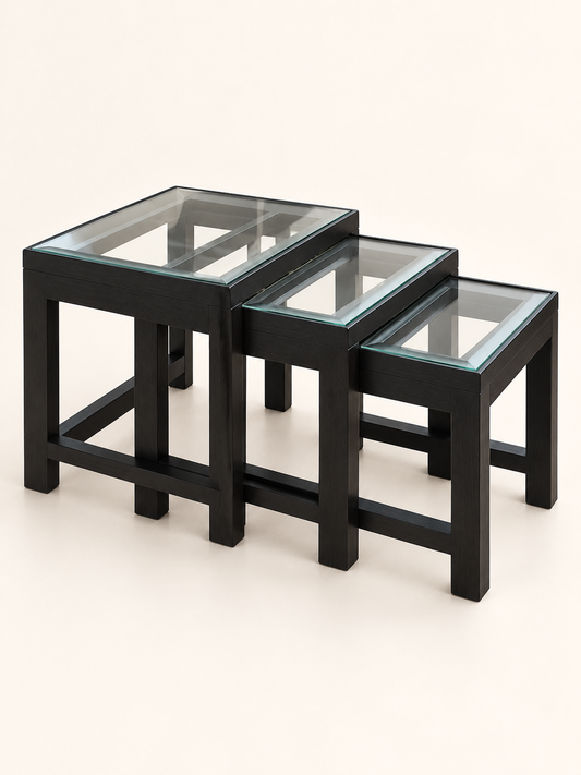 Teak Wood Nesting Tables, Set of Three — side studio view