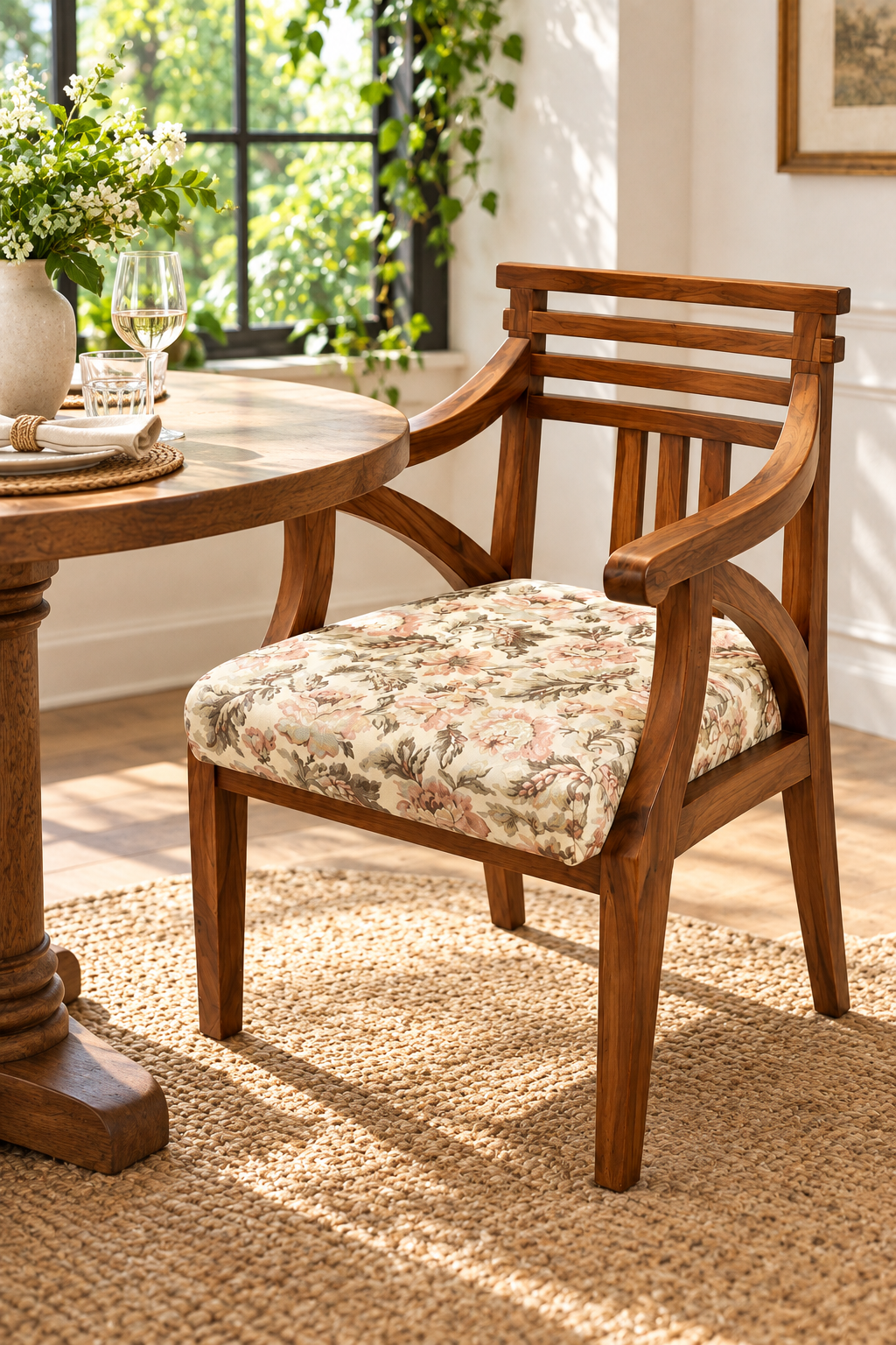 Teak Wood Rib-Back Bedroom Chair — styled room