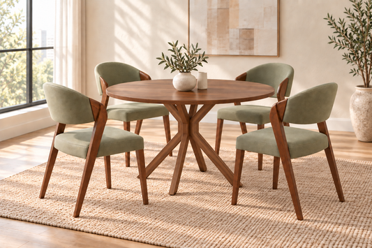 Teak wood round four-seater dining table set with sage green chairs