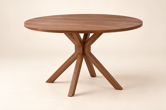 Round teak wood dining table with walnut pedestal base