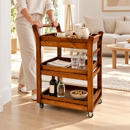 Teak wood three-tier serving trolley with wheels