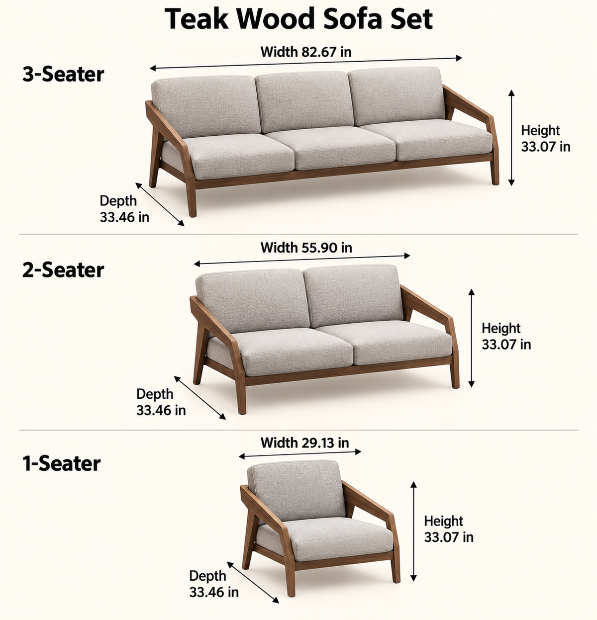 Teak Wood 3+2+1 Sofa Set with Grey Suede Cushions — dimension guide
