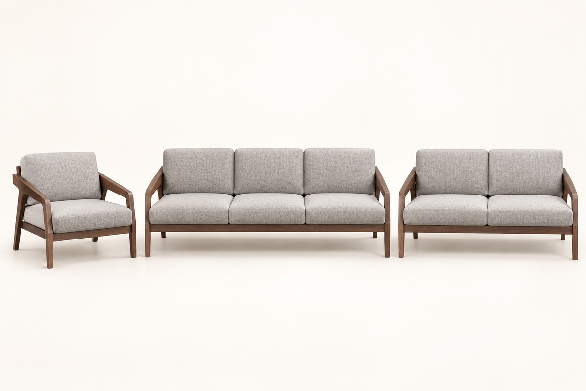 Teak Wood 3+2+1 Sofa Set with Grey Suede Cushions — front studio view