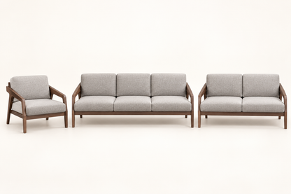 Teak Wood 3+2+1 Sofa Set with Grey Suede Cushions — front studio view