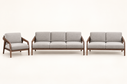 Teak Wood 3+2+1 Sofa Set with Grey Suede Cushions — front studio view