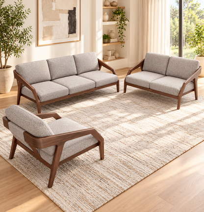 Teak Wood 3+2+1 Sofa Set with Grey Suede Cushions — lifestyle living room arrangement