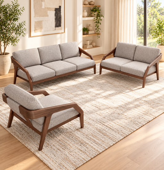 Teak Wood 3+2+1 Sofa Set with Grey Suede Cushions — lifestyle living room arrangement