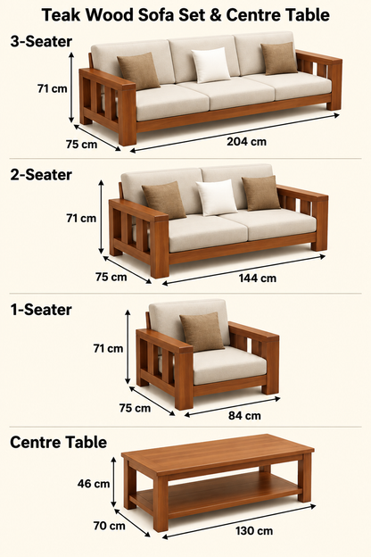 Teak Wood 3+2+1 Sofa Set with Centre Table — dimension guide