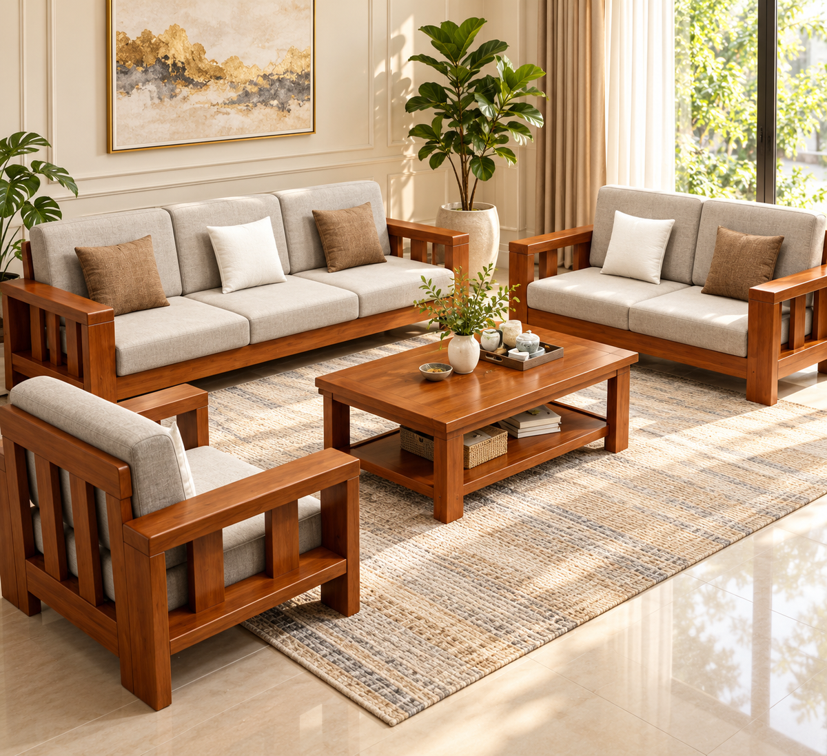Teak Wood 3+2+1 Sofa Set with Centre Table — lifestyle living room arrangement