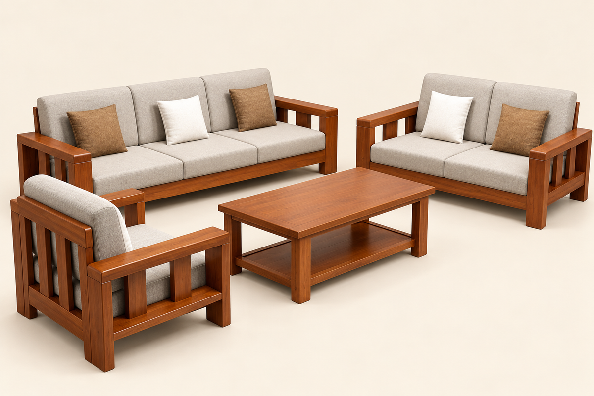 Teak Wood 3+2+1 Sofa Set with Centre Table — side studio view