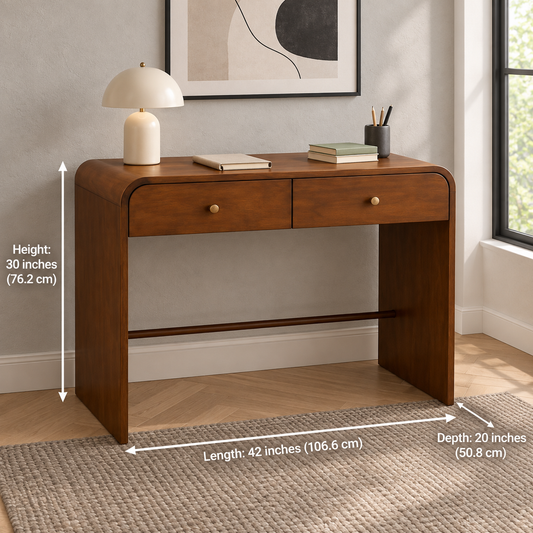 Teak wood study table measuring 42 inches wide, 20 deep and 30 high