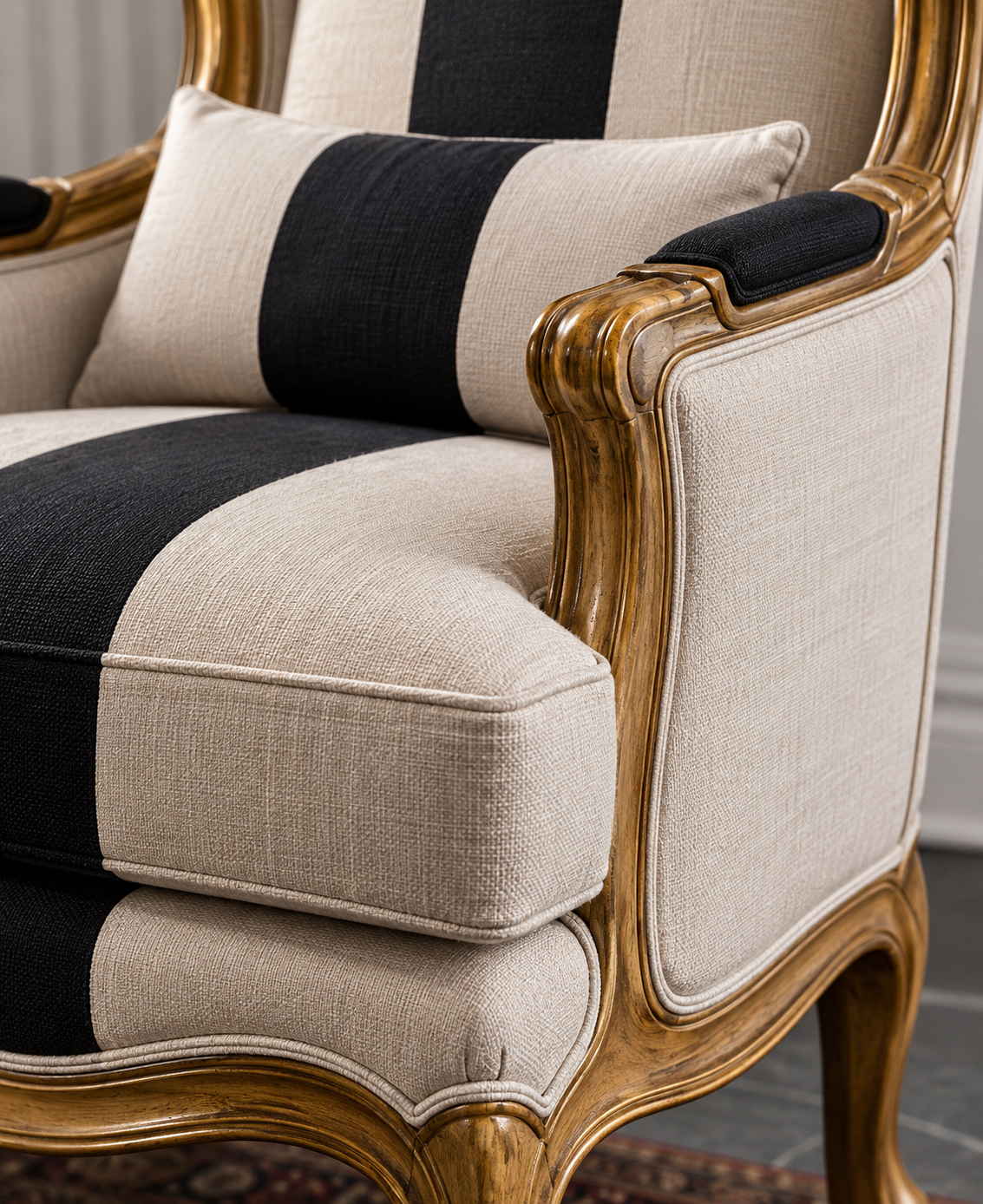 Close-up of suede upholstery and teak wood wing chair details
