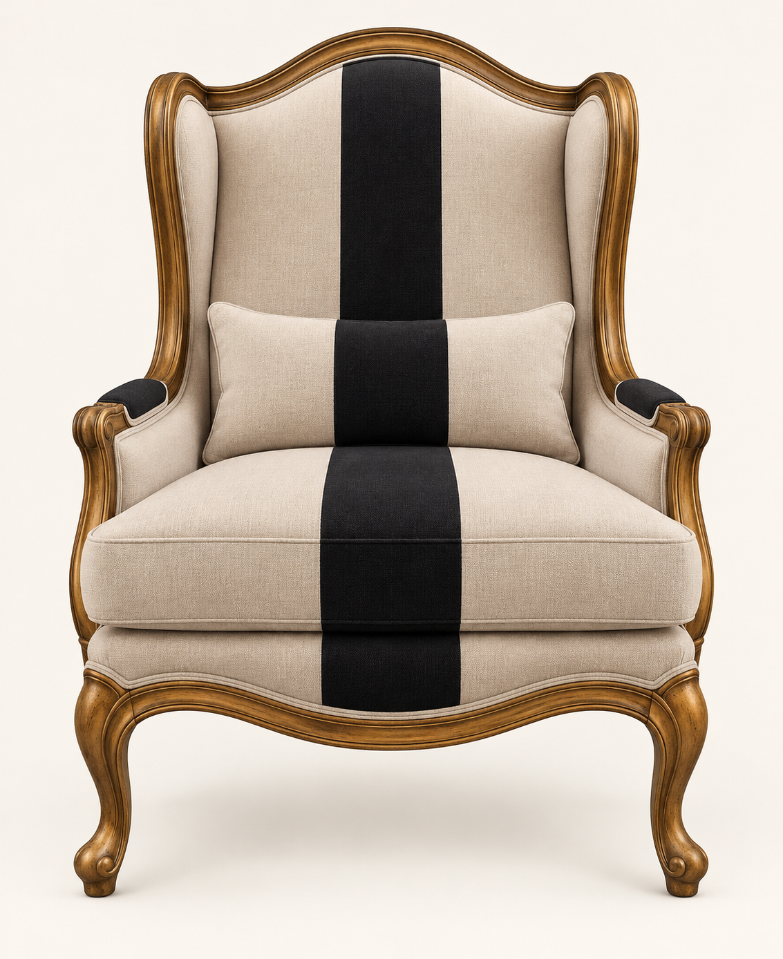 Front studio view of teak wood suede wing chair
