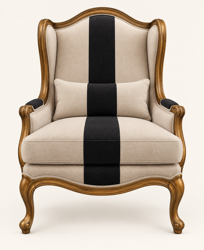 Front studio view of teak wood suede wing chair