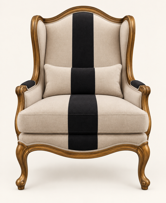 Front studio view of teak wood suede wing chair