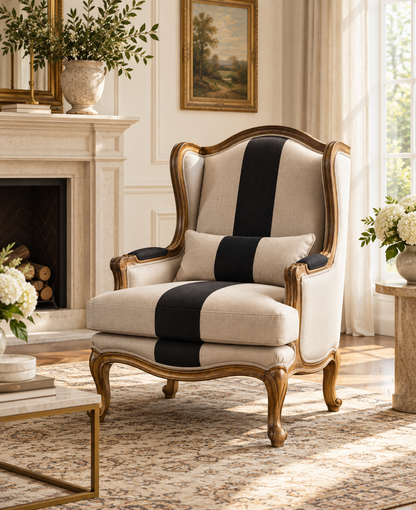Teak wood suede wing chair styled in a living room