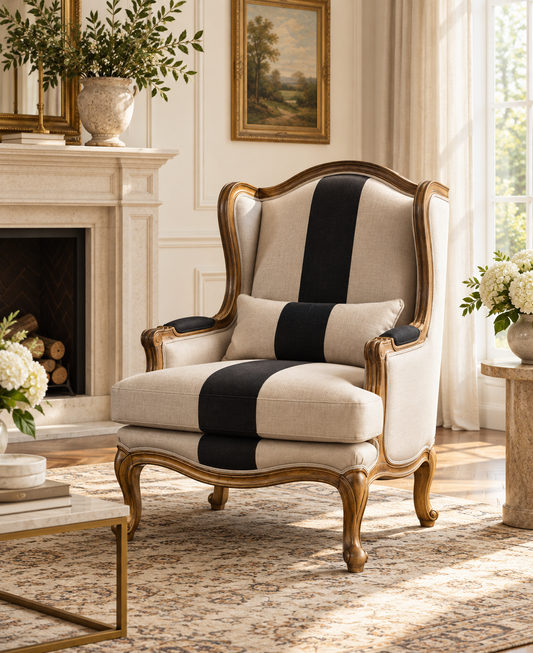 Teak wood suede wing chair styled in a living room