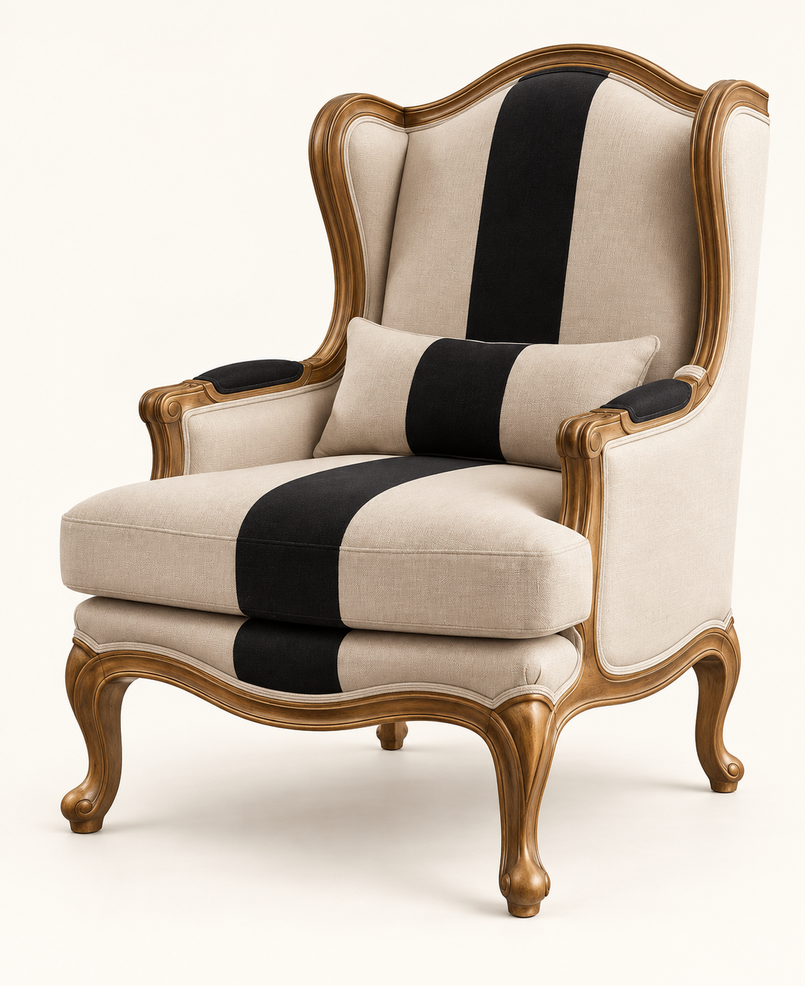 Side studio view of high-back suede wing chair