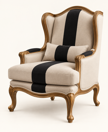 Side studio view of high-back suede wing chair