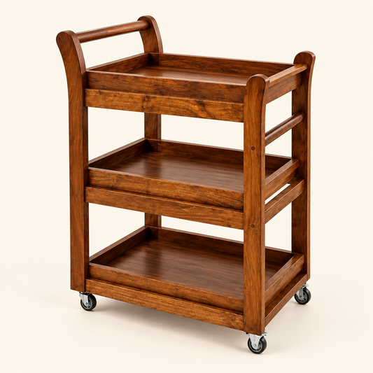 Three-tier teak wood serving trolley on a cream background