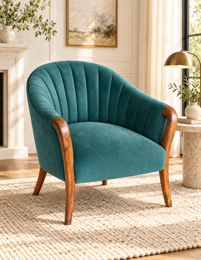 Teal Velvet Flared Teak Wood Accent Chair — styled room