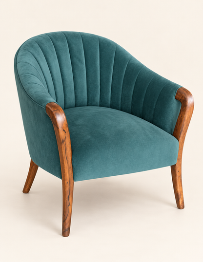 Teal Velvet Flared Teak Wood Accent Chair — side studio view