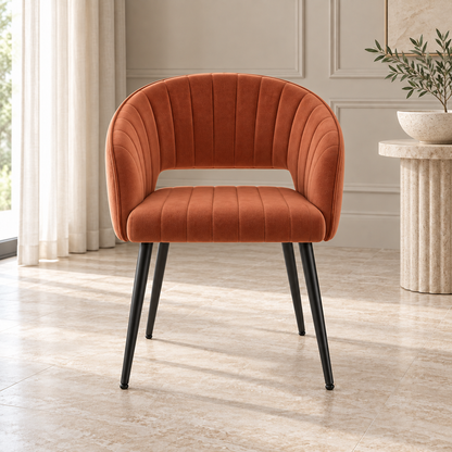 Terracotta Channel-Tufted Dining Chair, front view in a styled lifestyle setting.