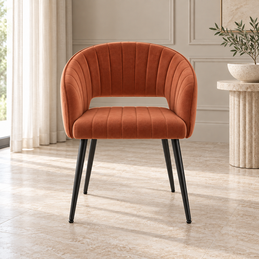 Terracotta Channel-Tufted Dining Chair, front view in a styled lifestyle setting.